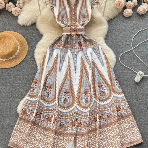 Chic Bohemian Paisley Maxi Dress with Flying Sleeves and Belt - Summer Fashion